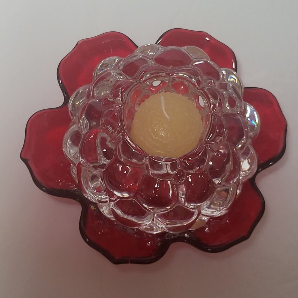 Liz Claiborne Glass Red Floral Raspberry Crystal Candle Holder